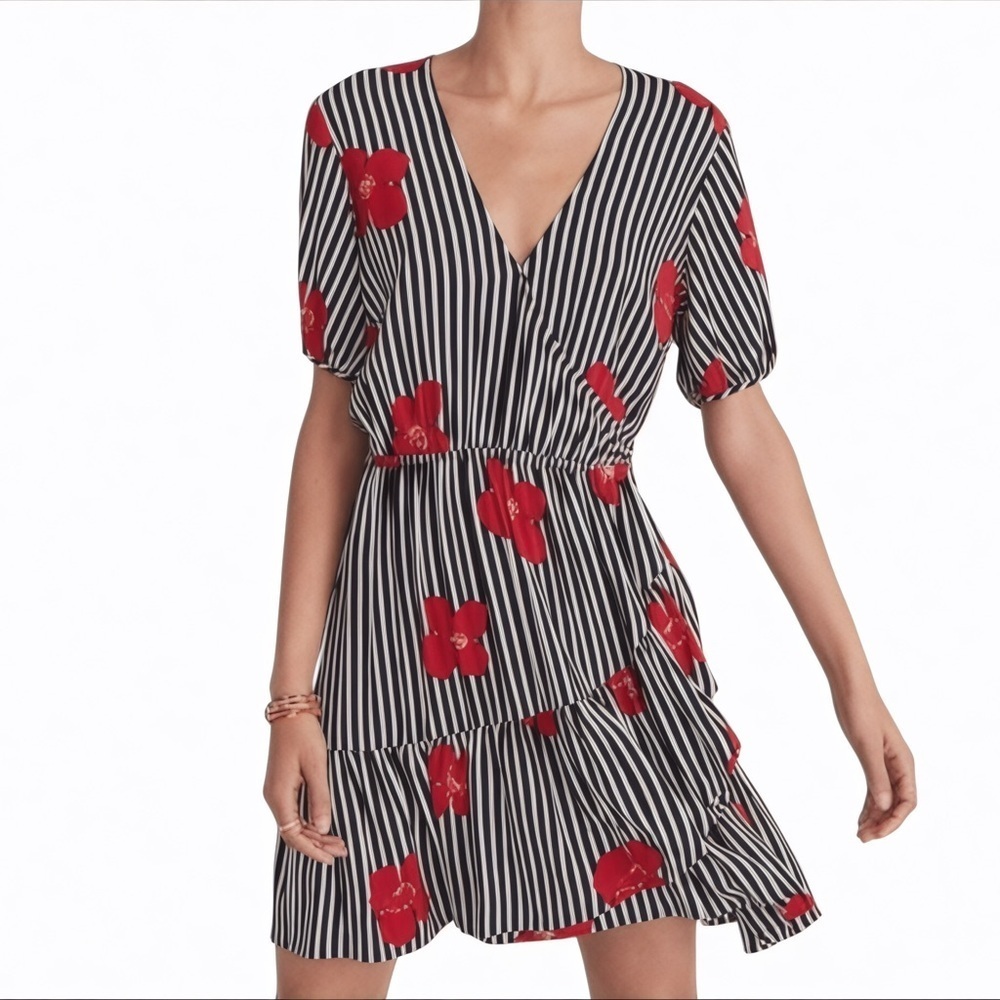 Madewell Candied Orchids Dress Sz 8 Floral Ruffle Whimsy Flowy Black Red